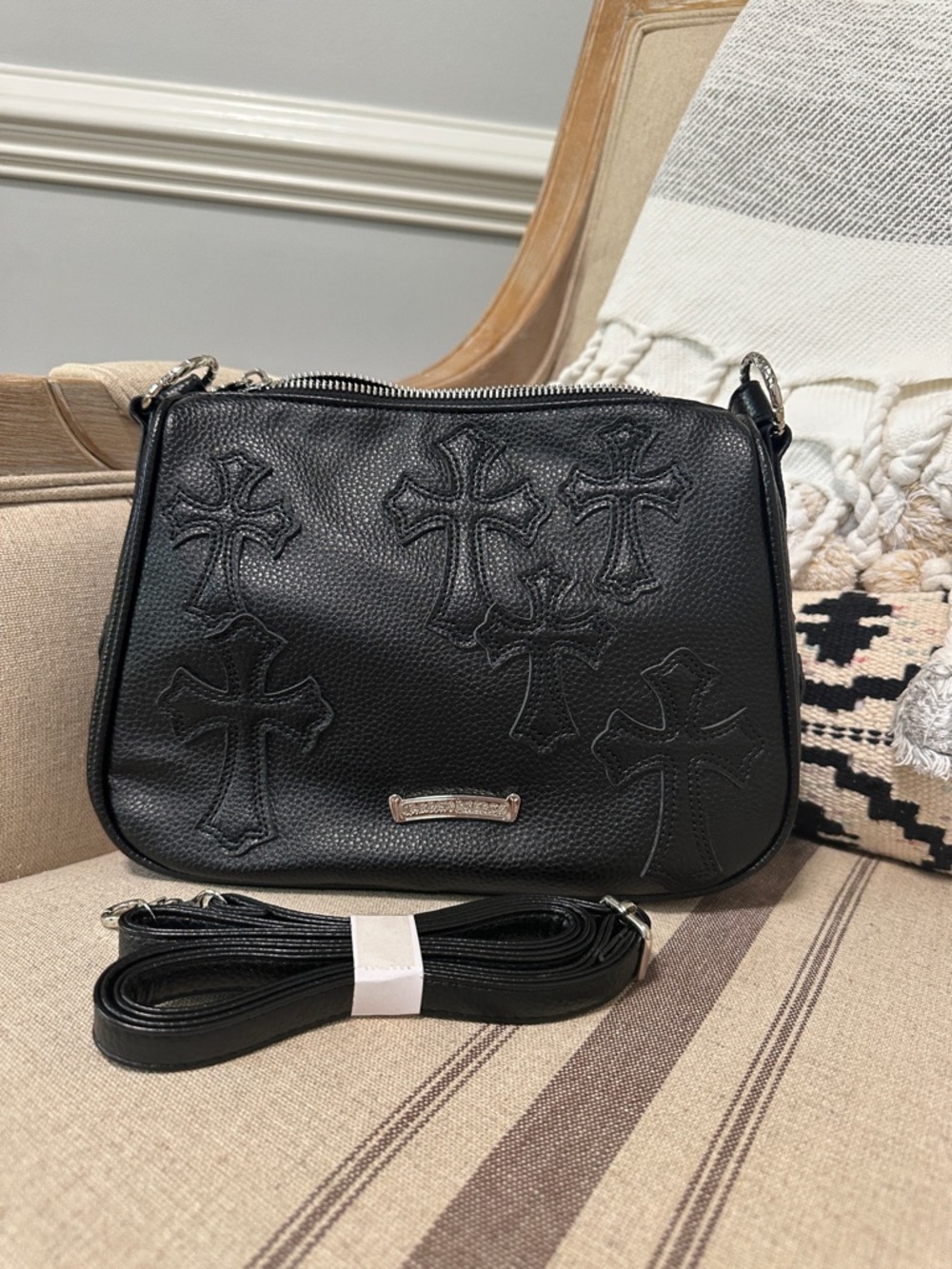 Black Cross-Accent Leather Crossbody Bag